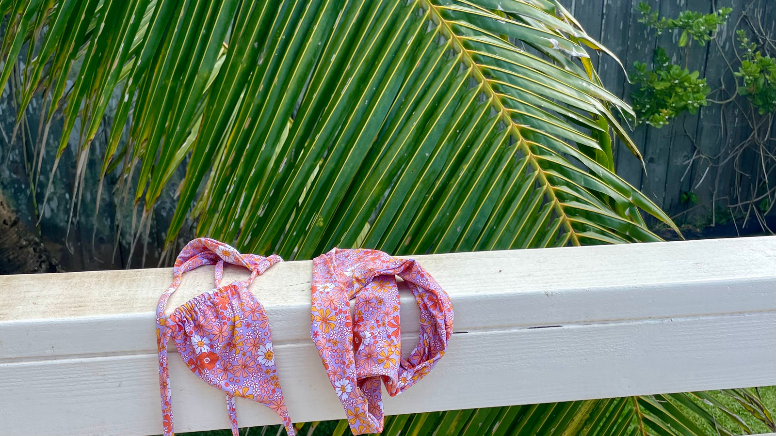 purple flower print bikini hanging to dry in front of palm tree